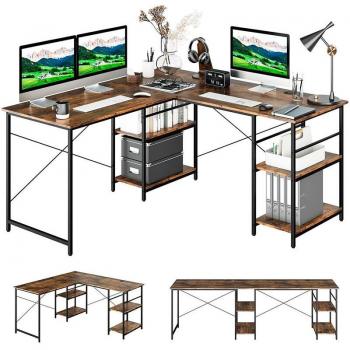 Escritorio en Forma de L con 3 Orificios para Cables, 4 Estantes y Ajustable para 2 Personas - Mesa de Trabajo Esquina Gaming