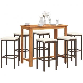 7-Piece Brown Acacia Wood and Poly Rattan Garden Bar Set