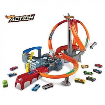 Hot Wheels Pista de coches de juguetes Spin Storm con dos lanzadores y dos loopings