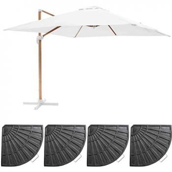 Parasol excéntrico inclinable cuadrado 3x3m con 4 losas de lastre efecto madera blanca