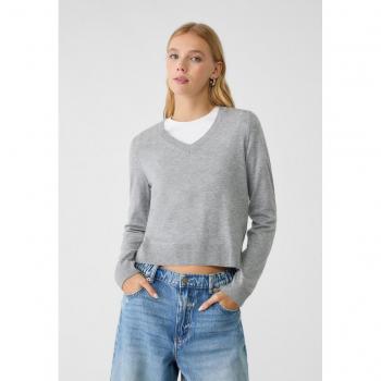 Stradivarius Basic V-Neck Knit Sweater Grey Melange XL