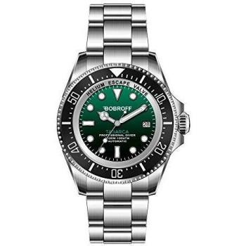 Bobroff Automatic Diver Watch - Silver/Green, 1000m Water Resistance, Stainless Steel Bracelet - BF002