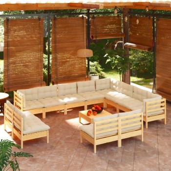 13-Piece Solid Pinewood Garden Lounge Set with Cream Cushions
