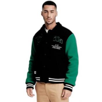 Cazadora Bomber Fila TEHRAN - Varsity para Hombre - S a L - Negro-Verde, Cuello Camisero y Cierre con Botón