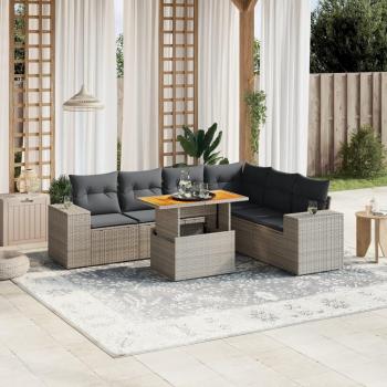 7-Piece Grey Poly Rattan Garden Sofa Set with Cushions