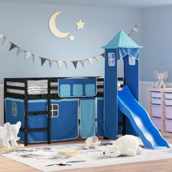 Cama loft infantil azul 90x190 cm de pino macizo con torre