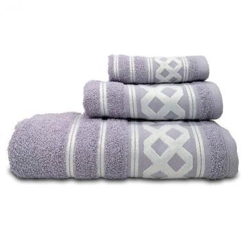 Juego de Toallas Baño 100% Algodón Rizo 450gr, Set 3 Piezas (Ducha, Manos, Tocador), Cenefa Rombos Bordada, Hecho en Portugal, Lila