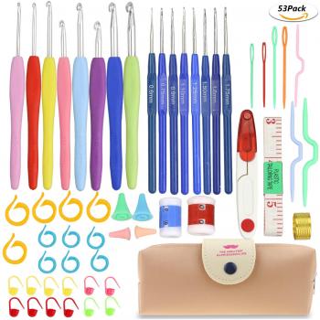 Gifort 53Pcs Ganchillos Crochet, Ergonómicos Agujas de Ganchillo, Agujas de Punto Coloridas con Mango de Goma de Ganchillos Accesorios Con El Bolso De la PU, Bolsa Aleatoria