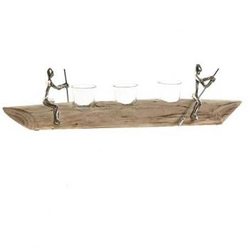 Portavelas DKD Home Decor 56,5 x 14 x 15 cm de Cristal Natural y Aluminio Colonial con Base de Madera de Mango