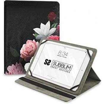 Subblim Funda para Tablet Universal Rosas, 11” Pulgadas, Cierre Banda Elástica, Tres Ángulos de Visión, Sistema de Fijación Resistente Silicona, Estampado