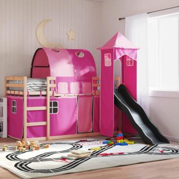 Litera con tobogán y cortinas rosa 80x200 cm Vidaxl Rosa