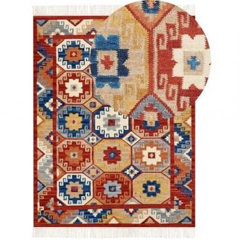 Alfombra Kilim de Lana Multicolor 160 x 230 cm Tejida a Mano con Diseño Oriental y Borlas
