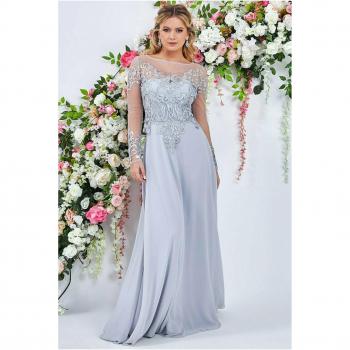 Embroidered Lace Maxi Dress with Mesh Bodice - Gray