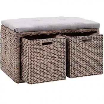 vidaXL Banco 3 Cestas Hierba Marina 71x40x42 cm Gris Taburete Silla Canasto