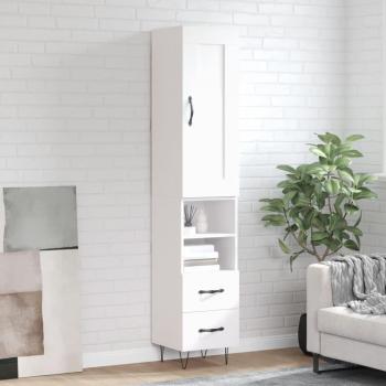 Aparador alto de madera contrachapada blanco 34,5x34x180 cm con 2 cajones y 2 estantes, mueble de almacenaje para salón, buffet y armario auxiliar