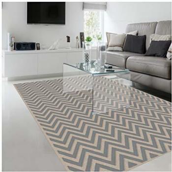 Alfombra de salón 160x230 en viscosa gris con diseño geométrico chevrol y certificado OEKO TEX®