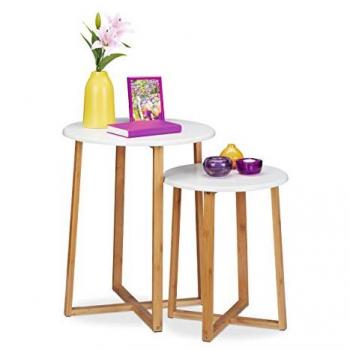 Set de 2 Mesitas Auxiliares Redondas, Altura 48,5 y 60,5 cm, Diseño Moderno, Color Natural/Blanco - Relaxdays