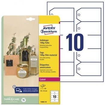 Etiqueta colgante Avery blanca 90x50 mm imprimible doble cara plastico 190 mc T3002-10