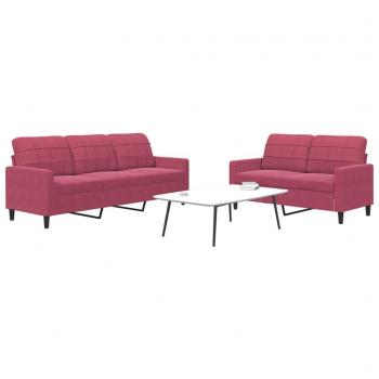 Juego de sofás de terciopelo rojo tinto con almohadas, 2 piezas