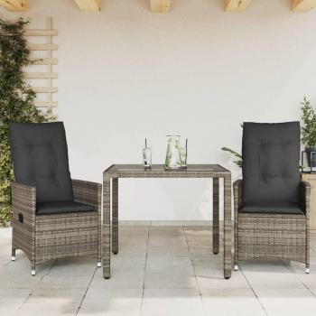 3-Piece Grey Poly Rattan Bistro Set with Cushions
