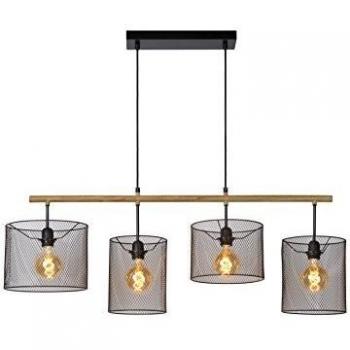 Luz Colgante Vintage BASKETT 4 E27 Ajustable en Negro y Madera