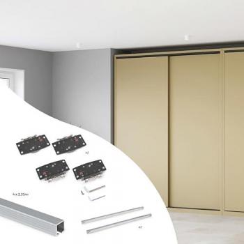 Kit de herrajes para armario 2 puertas correderas y cierre suave Flow2 con carriles encastrados 2.35m, tableros no incluidos, anodizado mate