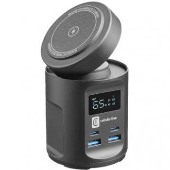 Cargador Inalámbrico Universal Cellularline MAG HUB, 65W, 4 Puertos USB (USB-C y USB-A), Negro