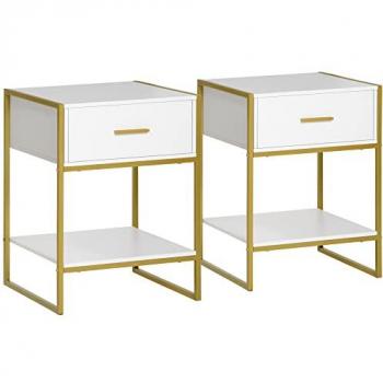 Conjunto de 2 Mesitas de Noche Homcom Blanco 45 x 40 x 60 cm con 1 Cajón y Estante de Almacenamiento para Dormitorio, Salón u Oficina, Estilo Moderno