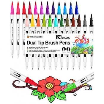Rotuladores Lettering Brush Pen, 24 Colores, Acuarelables Marcadores para Adultos, Bullet Journal, Caligrafía, Libros para Colorear, Arte Dibujo Punta Pincel 1-2mm y Punta Fina 0.4mm