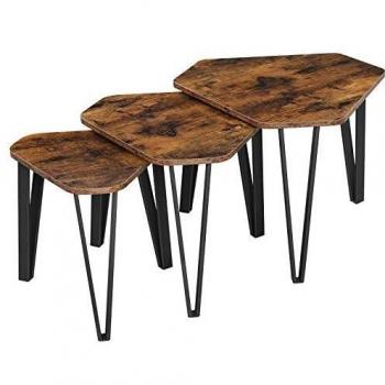 Juego de 3 mesas nido auxiliares estilo industrial con marco de acero y decoración de madera rústica, fácil montaje, ideales para salón