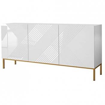 Aparador Merced A101 - Blanco Brillante, 3 Puertas, Estanterías, Aglomerado Laminado, 160 x 76 x 37 cm