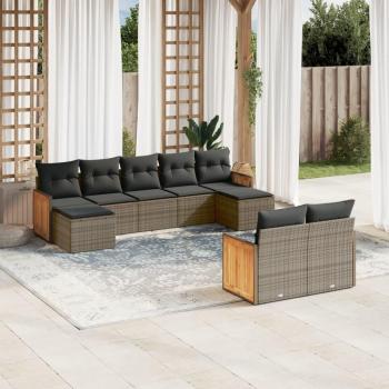 Sofá de jardín 9 PCs con almohadas grises en Polyrattan