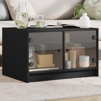 Mesa de centro con puertas de vidrio 68x50x42 cm en color blanco, negro y roble sonoma, ideal para salón o comedor, también conocida como mesita auxiliar o mesa de café