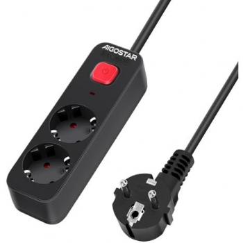Regleta de Enchufes Aigostar con 2 Salidas y Interruptor, Cable de 5 Metros, Color Negro