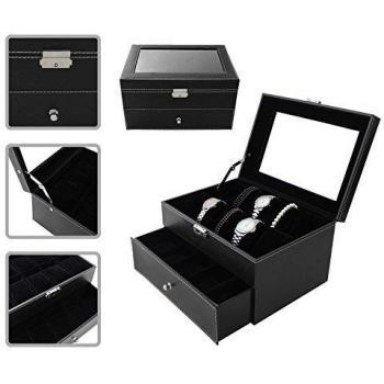 Todeco - Caja de Relojes, Caja de Almacenamiento de Relojes y Pulseras - Tamaño: 28,5 x 20,5 x 15 cm - Material de la Caja: MDF - 20 Relojes con cajón y Pantalla, Negro