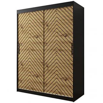 Armario Corredero Hartford 310, Negro y Roble Artisan, 150 x 200 x 62 cm, con 5 Estantes