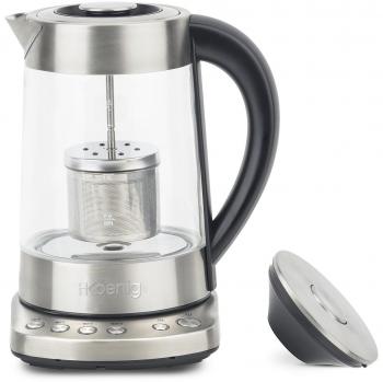 H.Koenig Tetera Eléctrica con Infusor y Filtro, 2400 W, Capacidad de 1.7 L, Base 360º Sin Cables, 4 Temperaturas, Cristal, Acero Inoxidable TI700, Gris