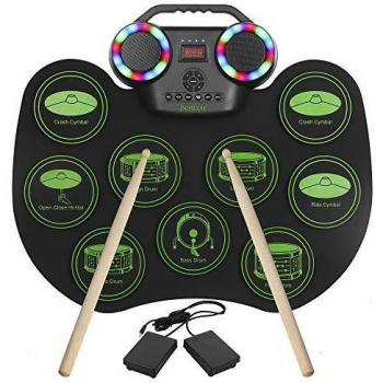 Batería Electrónica E-Drum Kit, Bonvvie Tambor Digital Enrollable Portátil Recargable con 9 Pads, MIDI, DTC, Altavoces Integrados, Ideal para Niños, Estudiantes, Principiantes, Entusiastas