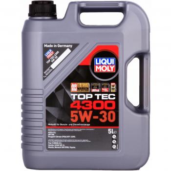 Liqui Moly Top Tec 4300 5W30 Aceite de motor sintético 5L, alta protección contra el desgaste, excelente estabilidad térmica y oxidativa, adecuado para motores diésel y gasolina, compatible con sistemas de