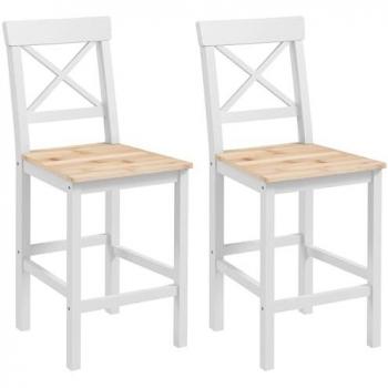 Conjunto de 2 Taburetes de Bar de Madera con Respaldo y Reposapiés, Altura Asiento 60,2 cm, Carga 120 kg, Color Natural y Blanco