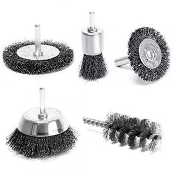 S&R Juego 5 Cepillos Taladro de Alambre Metálicos en Acero para Madera y Metal. Vastago 6 mm. Profesionales