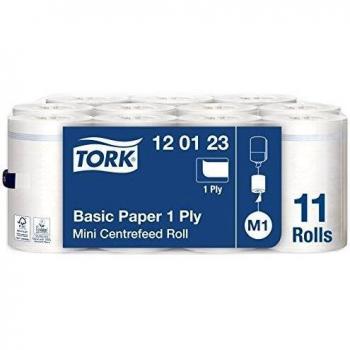 Tork 120123 Papel de secado básico Universal de 1 capa compatible con el sistema de alimentación central pequeño M1, blanco, 11 rollos x 120m