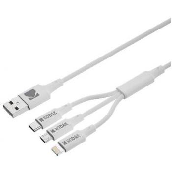 Cable Kodak 3 en 1 USB A a USB C/Micro-USB B/Lightning, 1m, Blanco