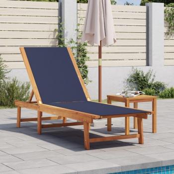 Tumbona con mesa de madera maciza de acacia y textileno en colores Negro, Crema, Gris y Azul Marrón, ideal para jardín, playa, piscina y terraza