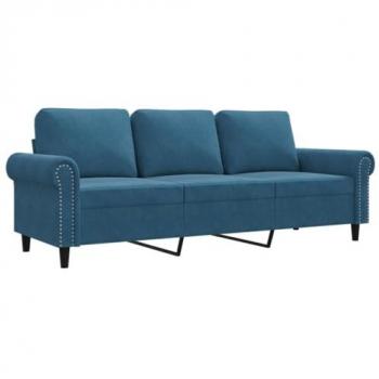 Sofá de 3 plazas azul en terciopelo de 180 cm con respaldo y reposabrazos, ideal para salón