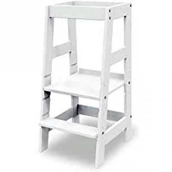 Torre de Aprendizaje Montessori Fino, Blanco Lacado, Ajustable y Seguro para Niños