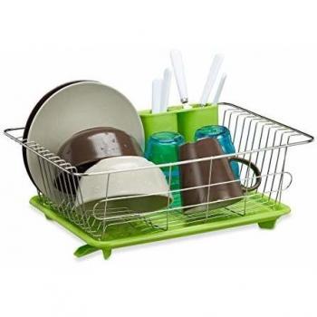 Escurreplatos verde con bandeja y porta cubiertos, acero inoxidable, 15,5x40x30 cm