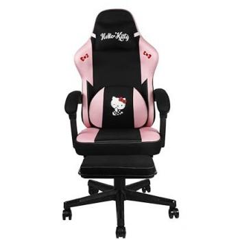 Hello Kitty Premium Gaming Office Chair - 150° Recline, Wood & Metal Frame, Cushion, Footrest - Black & Pink