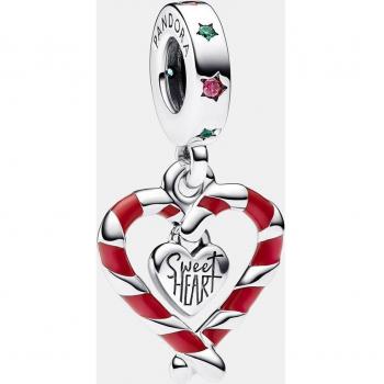 Pandora Double Candy Cane Heart Dangle Charm in Sterling Silver with Lake Green Crystal