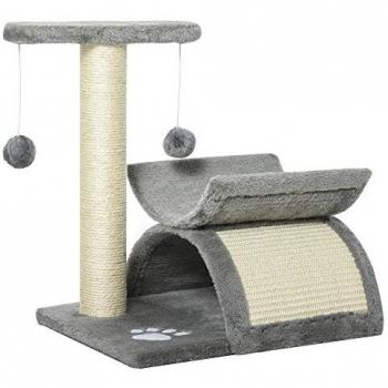 Torre Rascador para Gatos Pequeños 43 cm con Poste Giratorio, Bolas de Juego y Caseta - PawHut Gris
